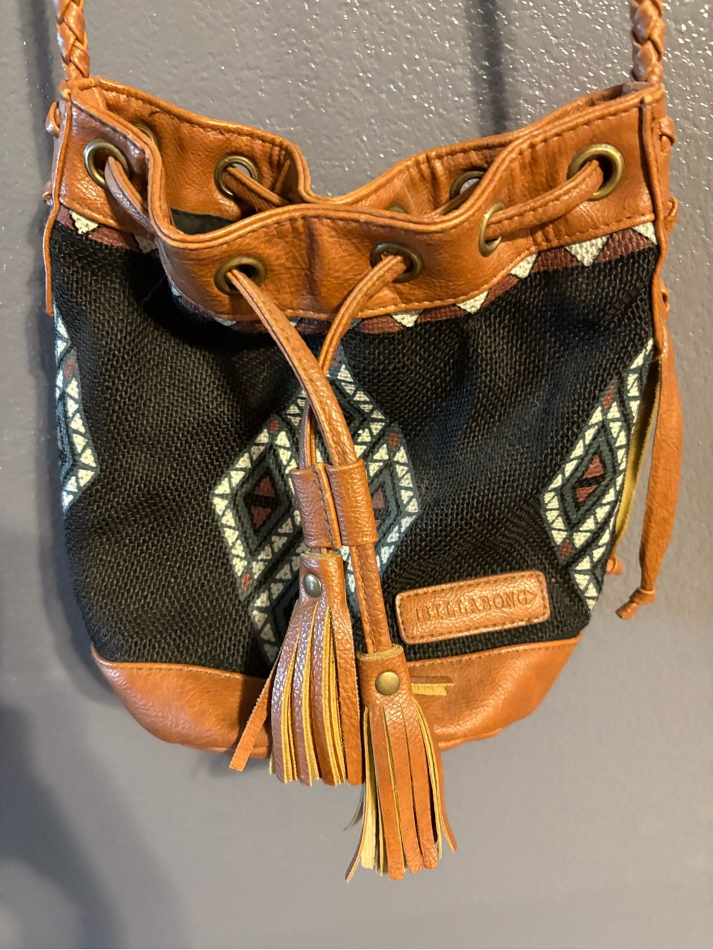 Billabong Black & Tan Woven Drawstring Tassel Crossbody Bag